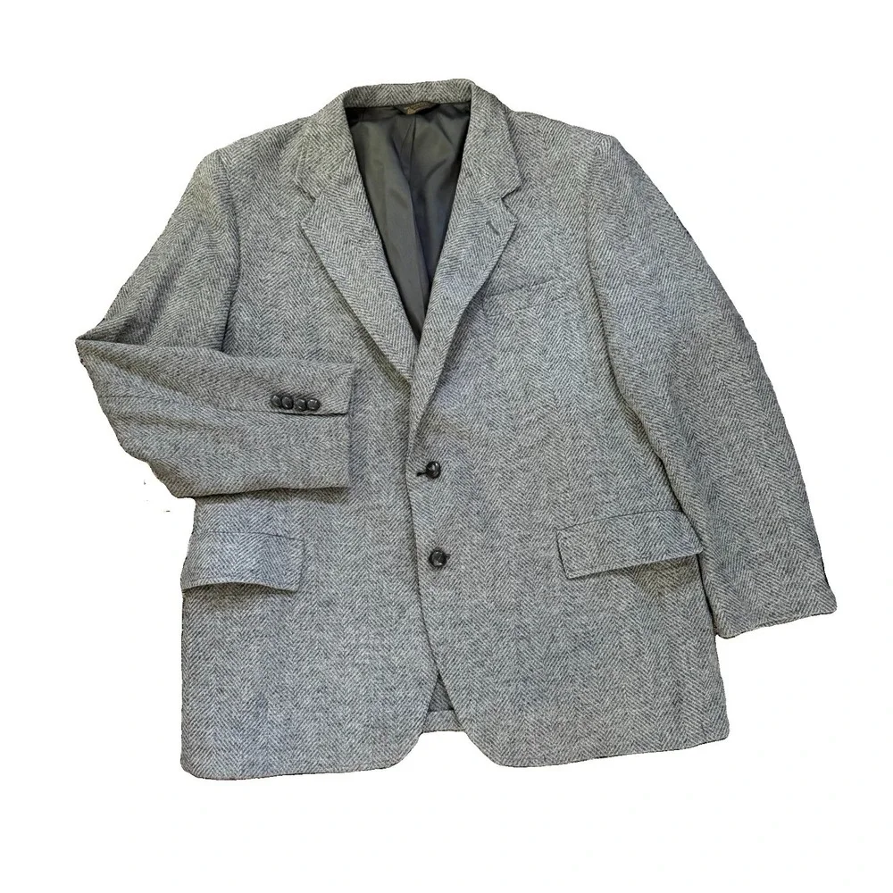 Vintage Men's 46L Kuppenheimer Tweed Herringbone Gray Wool Blazer Kupp Jacket